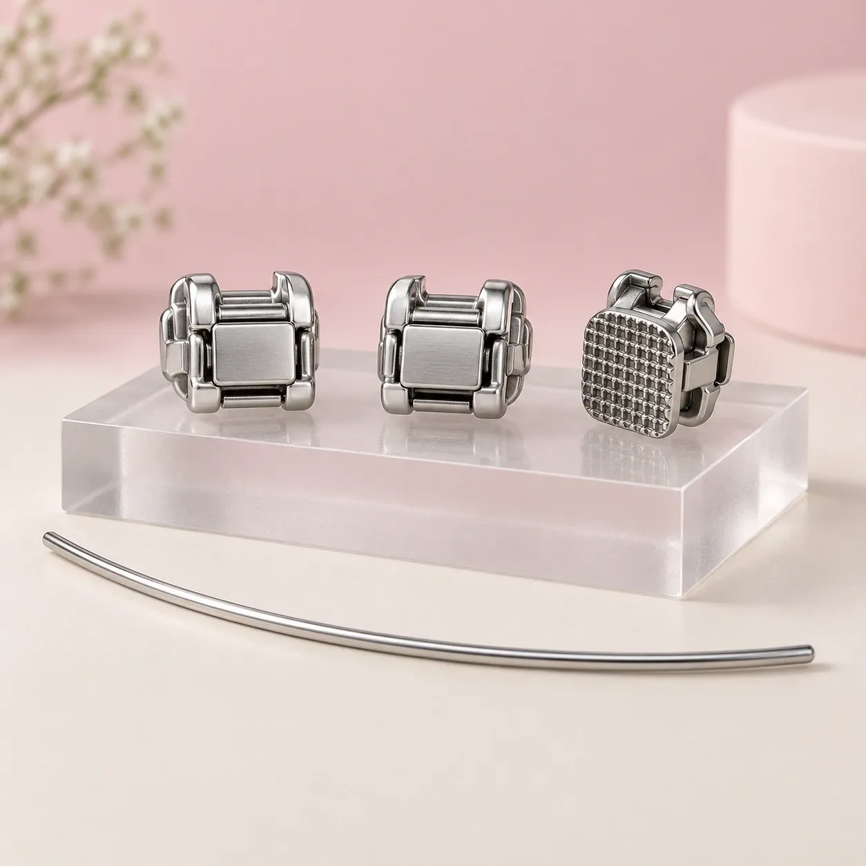 Three stainless steel self-ligating brackets displayed beside an archwire on a frosted acrylic block.