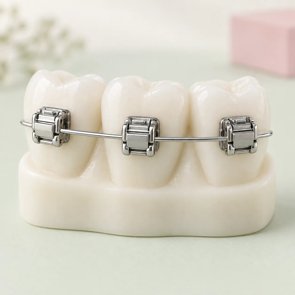 Macro view of self-ligating metal brackets and archwire on an ivory demonstration model.