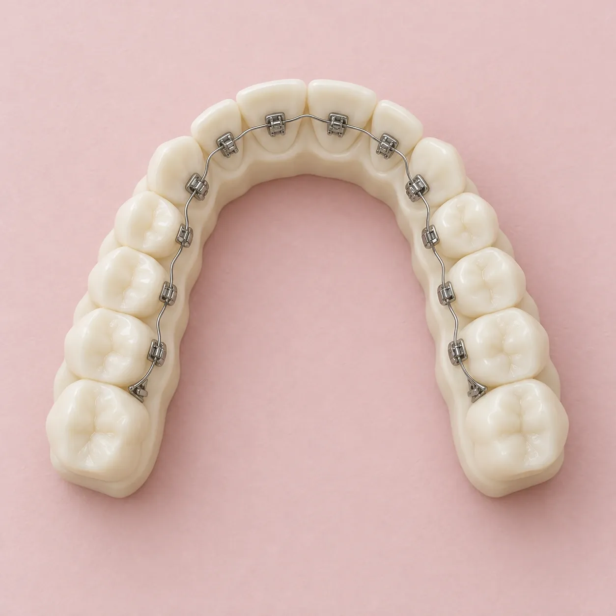 Overhead view of a model showing hidden braces along the inner side of a dental arch.