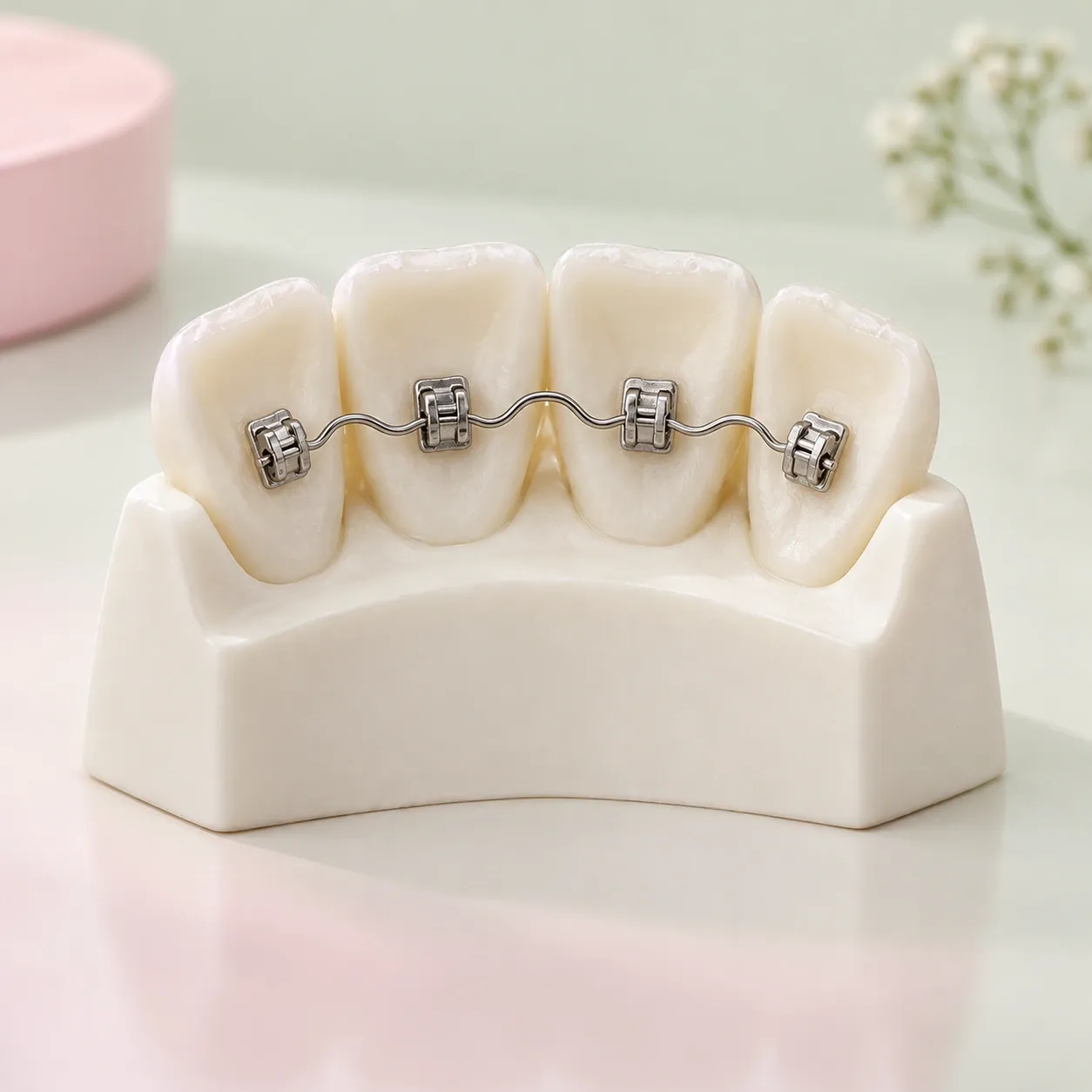 Close view of lingual brackets connected by a contoured wire behind artificial front teeth.