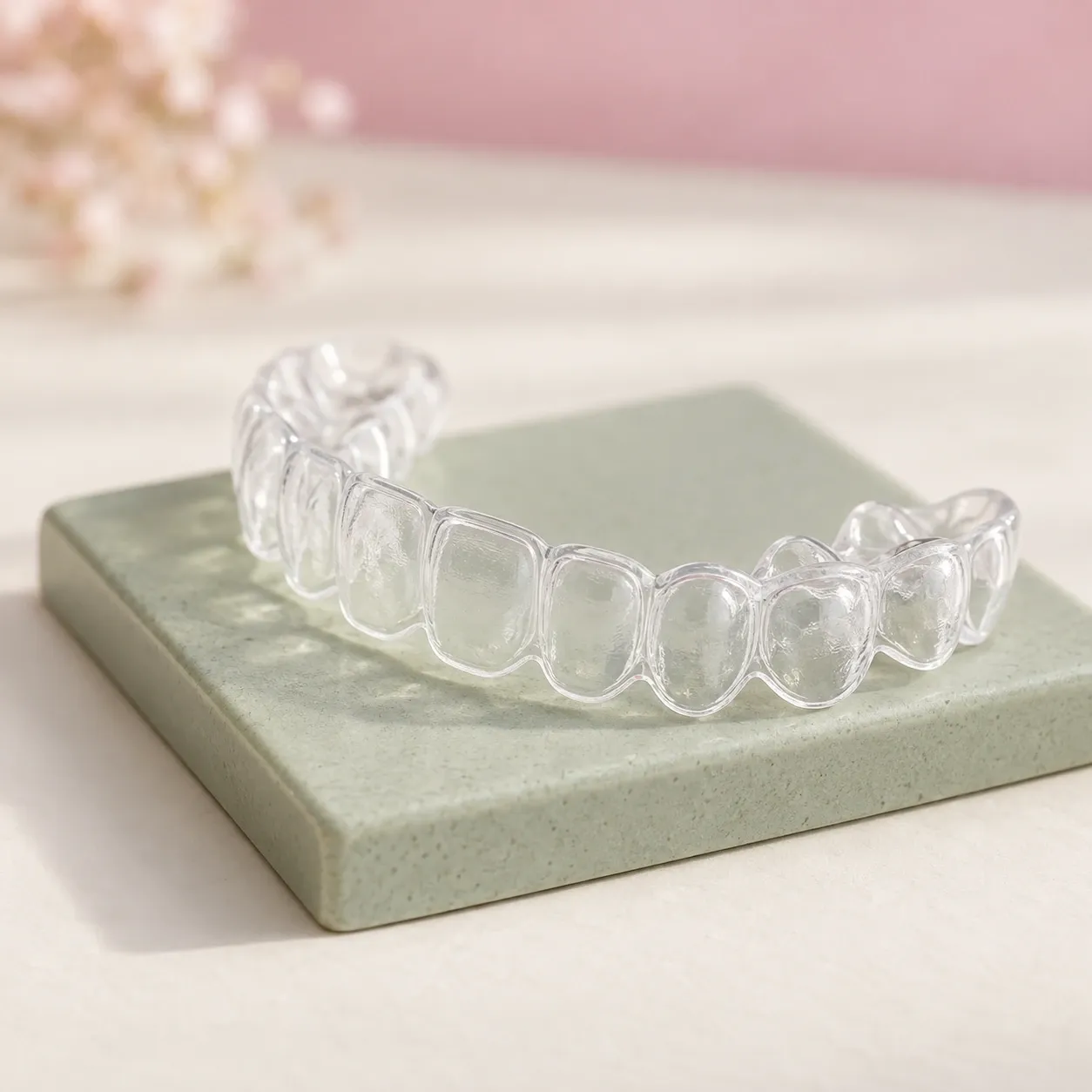 Close detail of the scalloped rim and tooth-shaped cavities of a clear aligner.