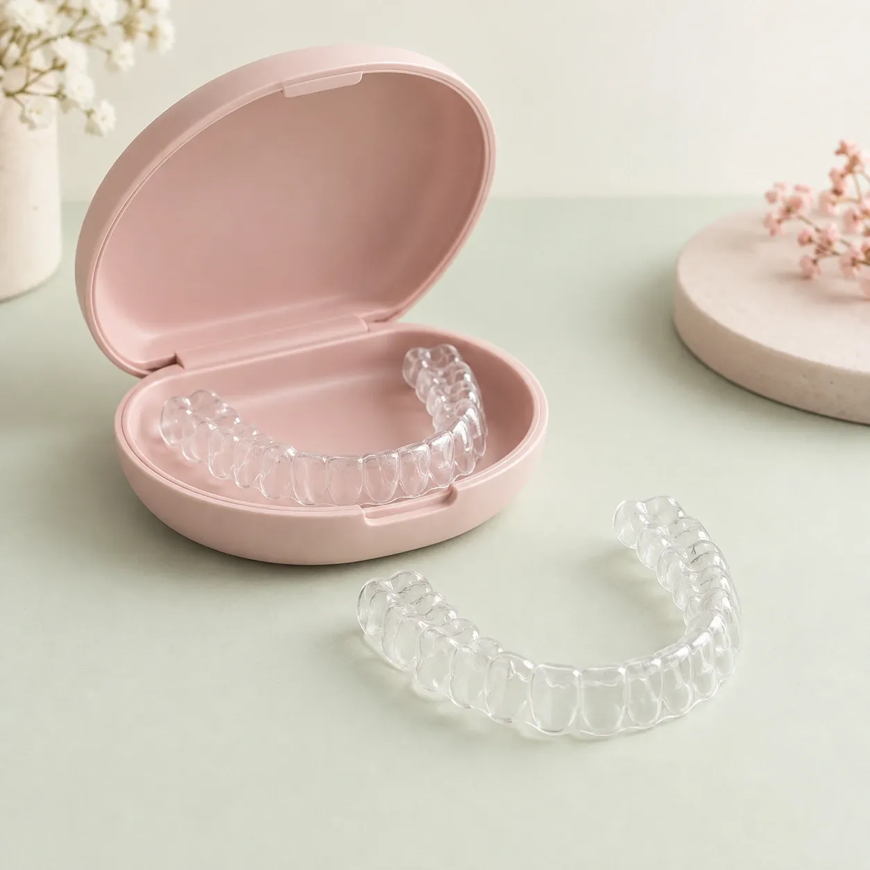 Upper and lower clear aligners with an open blush protective case.