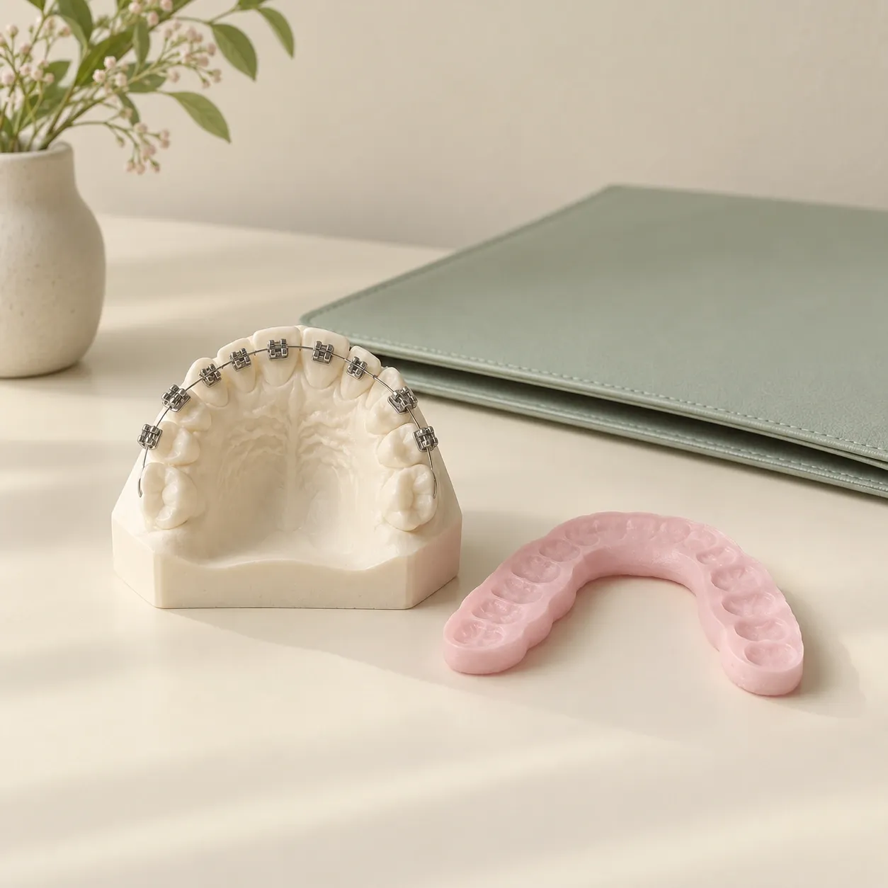 Orthodontic preparation model with a planning wafer and consultation folder.