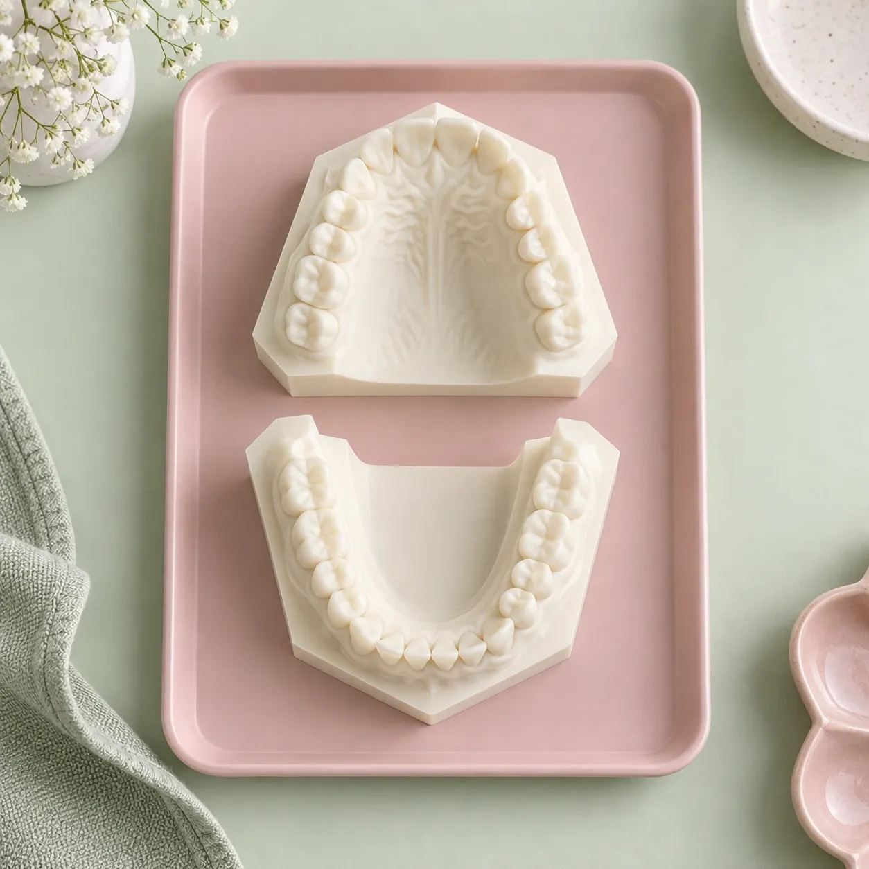 Separate ivory jaw planning models arranged on a blush display tray.